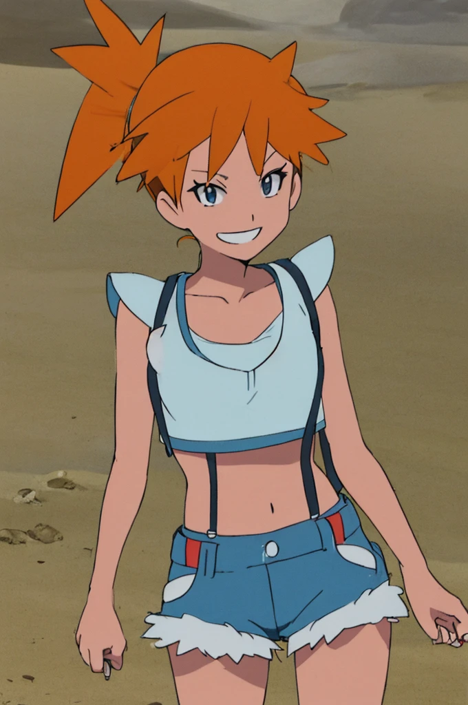((masterpiece,best quality)), absurdres, Misty_Pokemon, yellow crop top, suspenders, side ponytail, orange hair, denim shorts, solo, smiling, looking at viewer, cowboy shot, , tropical beach,