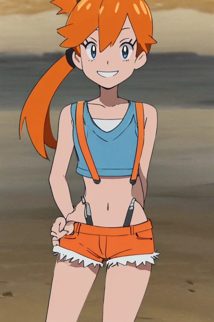 ((masterpiece,best quality)), absurdres, Misty_Pokemon, yellow crop top, suspenders, side ponytail, orange hair, denim shorts, solo, smiling, looking at viewer, cowboy shot, , tropical beach,
