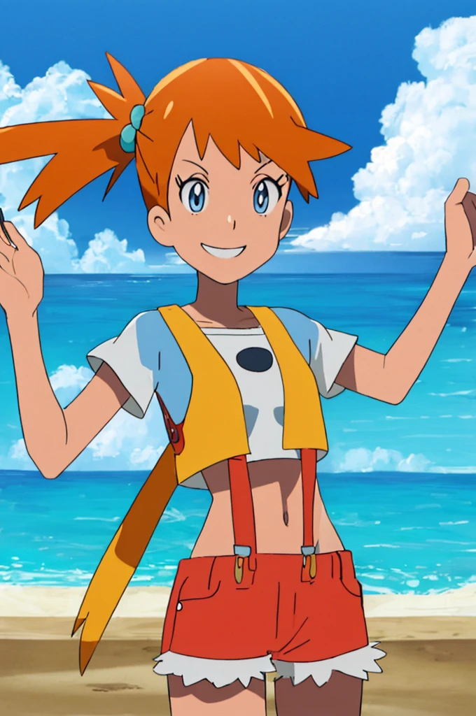 ((masterpiece,best quality)), absurdres, Misty_Pokemon, yellow crop top, suspenders, side ponytail, orange hair, denim shorts, solo, smiling, looking at viewer, cowboy shot, , tropical beach,