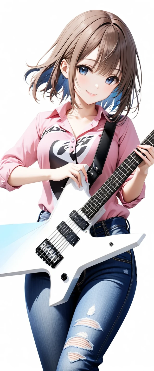 (((White background:1.5)))、(very wide shot)、(masterpiece、Ultra HD、Highest quality、Masterpiece、4K:1.2)、Slender body、Scandinavian metal girl playing a white electric guitar, A gentle gaze at the camera, Intricate details, Highly detailed eyes, Highly detailed fingers、Brown bob hair、Pink shirt and blue jeans, Wearing high heels、Intricate details、A kind smile、Dynamic playing pose、Are standing
