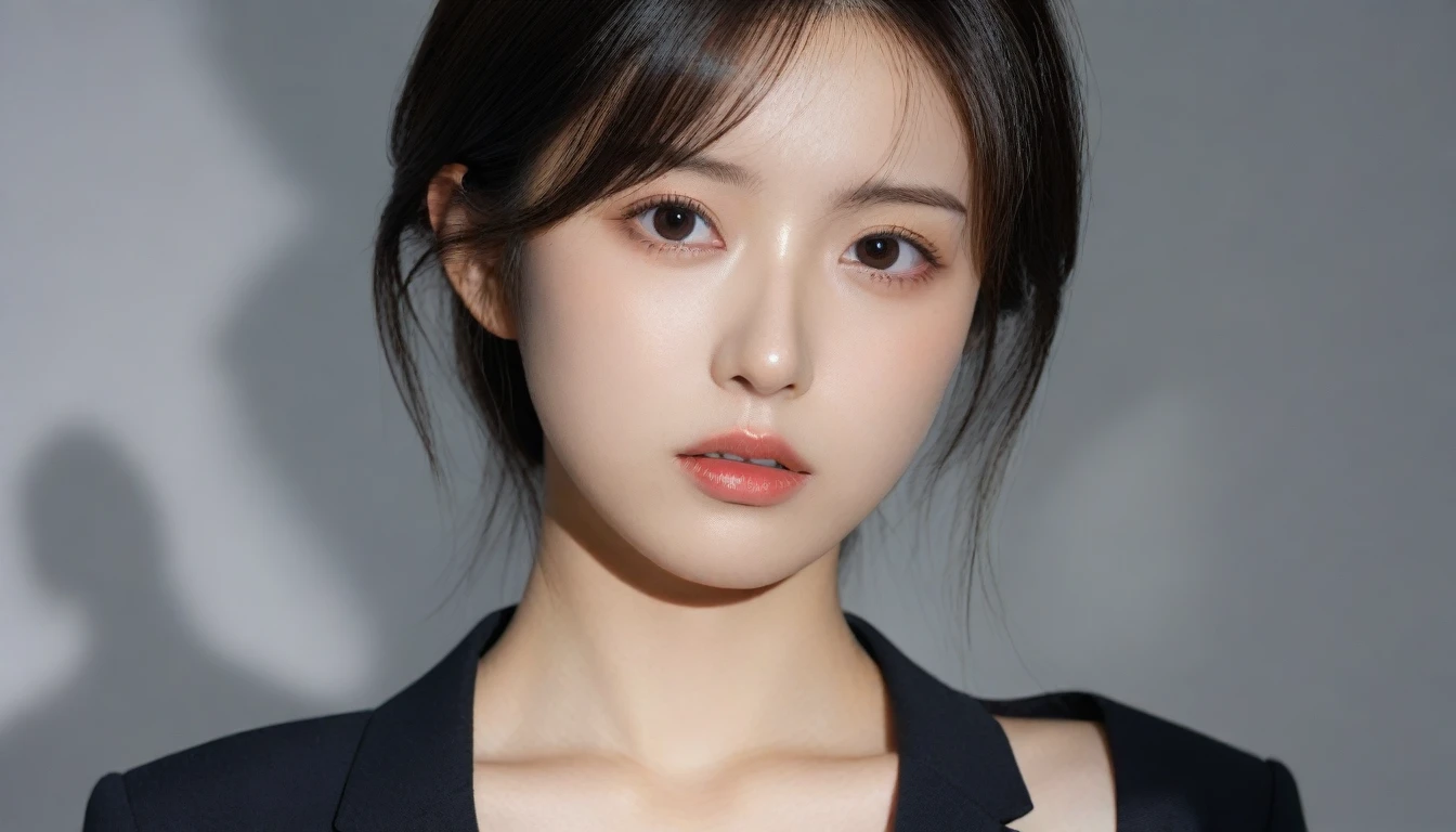 8k, Ultra-high resolution, Highest quality, masterpiece, 三分割法によるphotograph,Surreal, photograph, 1 Girl, (16 years old:1.3), pretty girl, Cute Face, Beautiful eyes in every detail, 細かくdetailedに,masterpiece,One Girl:1.2, Japan Female Announcer,extream close up,sad,streaming tears,Long black hair,Short Hair,Messy hair,(black suit:1.3),mourning clothes,(印象派の美しい少女のPortraiture), (Gray background:1.3),(Impressionist light and colour),Realistic Skin, Perfect and beautiful face ,完璧でCute Face, Skin with attention to detail, Perfect limbs、Narrow waist,Looking at the audience、beauty,Long neck,clavicle,(((Ideal body type))),A cup small breasts :2,Portraiture:2,Perfect Anatomy,鮮明なdetailed,detailed,Surreal,Light and shadow,spotlight