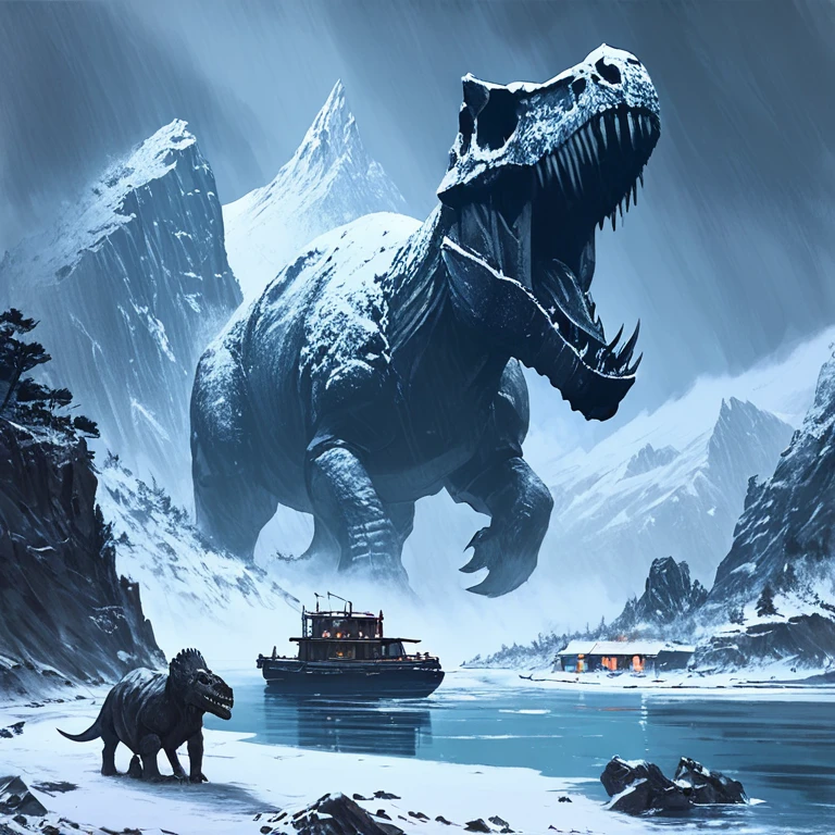 black pencil shading, charcoal drawing, tinted paper, pencil drawing, 
A captivating ASCII concept art by Ismail Inceoglu, depicting the iconic Skull Island in the midst of a snowstorm. The island showcases its signature skull shape, with snow-capped mountains and icy waters surrounding it. Various creatures, including a massive snow-covered dinosaur, can be seen on the island. The overall atmosphere evokes a sense of adventure, danger, and awe.