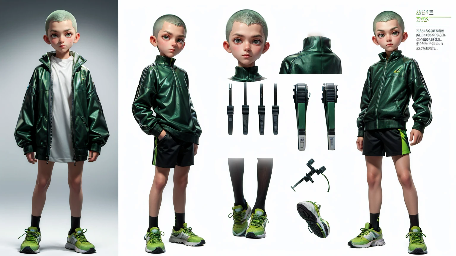 cute face boy, cute face, short height boy, wearing casual futuristic green color pent, green dress, full standing pose, Buzz Cut white color hairs, Buzz Cut white color hairs, sports shoes, Character Sheet, 12 yo student, Full body, Simple white background, front pose character reference sheet, Concept art, design sheet