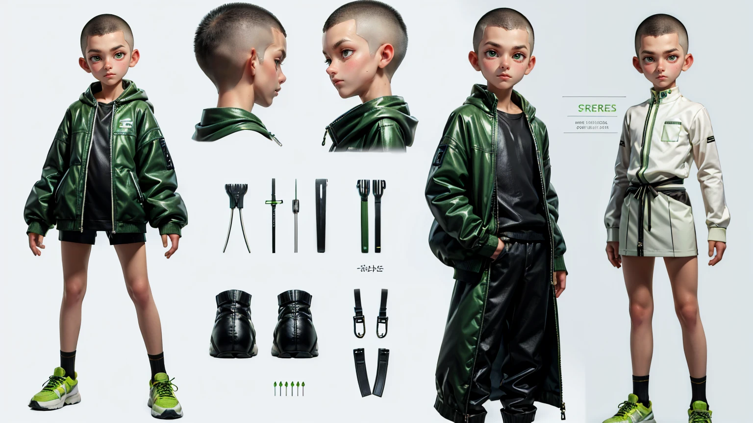 cute face boy, cute face, short height boy, wearing casual futuristic green color pent, green dress, full standing pose, Buzz Cut white color hairs, Buzz Cut white color hairs, sports shoes, Character Sheet, 12 yo student, Full body, Simple white background, front pose character reference sheet, Concept art, design sheet