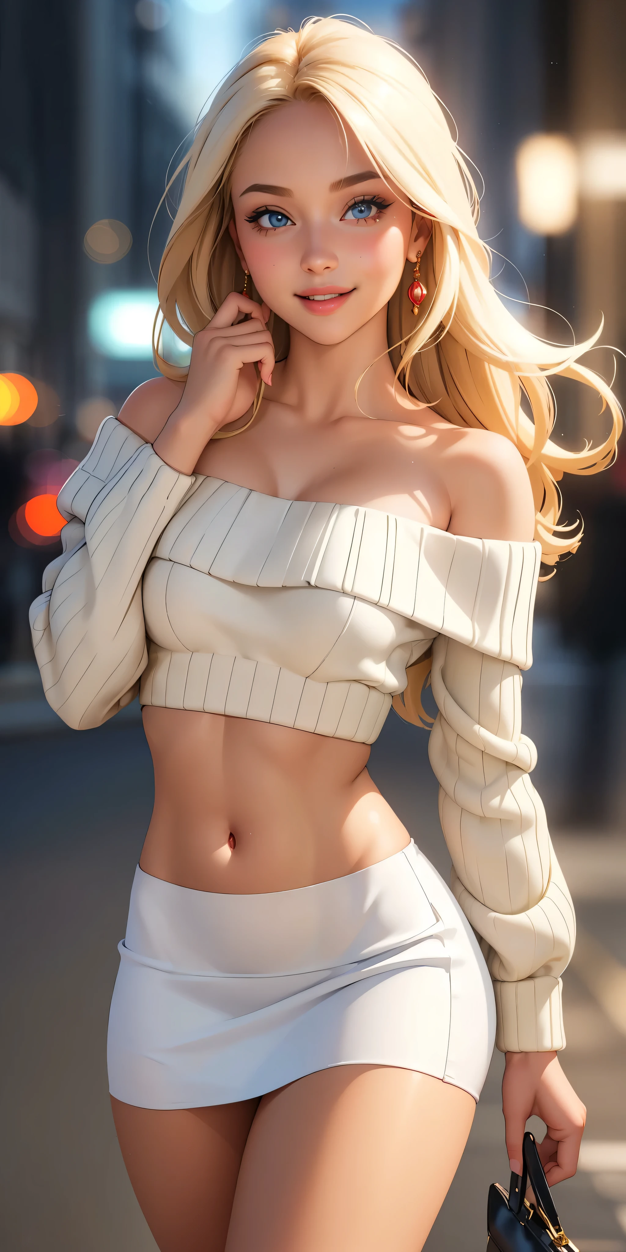 (Best Quality, ultra detailed, photorealistic: 1.39), Face of 19 year old naughty teenager., bright and vibrant colors, studio lighting, romantic expression, beautiful detailed off shoulder sweater:1.2  , sensual white miniskirt, Elegant makeup, long blonde hair blowing in the wind, attractive eyes, bright lips, pose sexy, beautiful roses, smiling confidently and seductively, posing for a professional photo shoot, shallow depth of field, soft natural lighting, creating a dreamy and magical atmosphere. on the street, evening