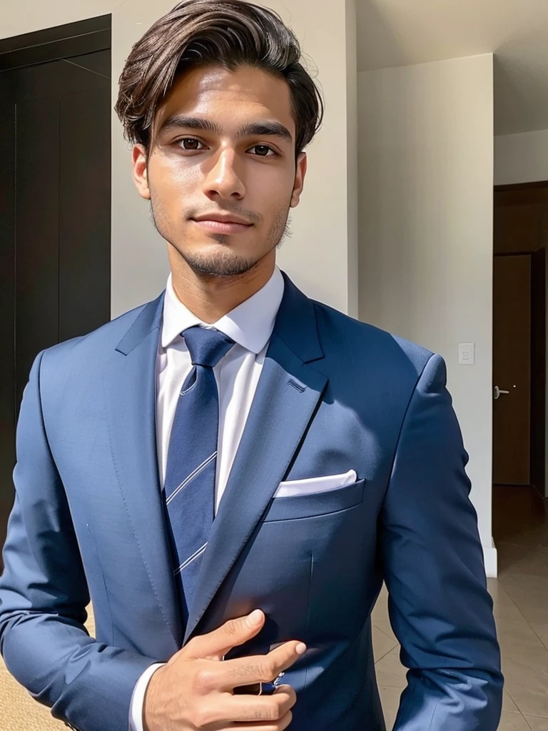 22-year-old Brazilian man in a suit with his hand in his pocket, short hair without beard with a ring on the right finger, no quarto selfie 🤳🏽 realista, and great quality  