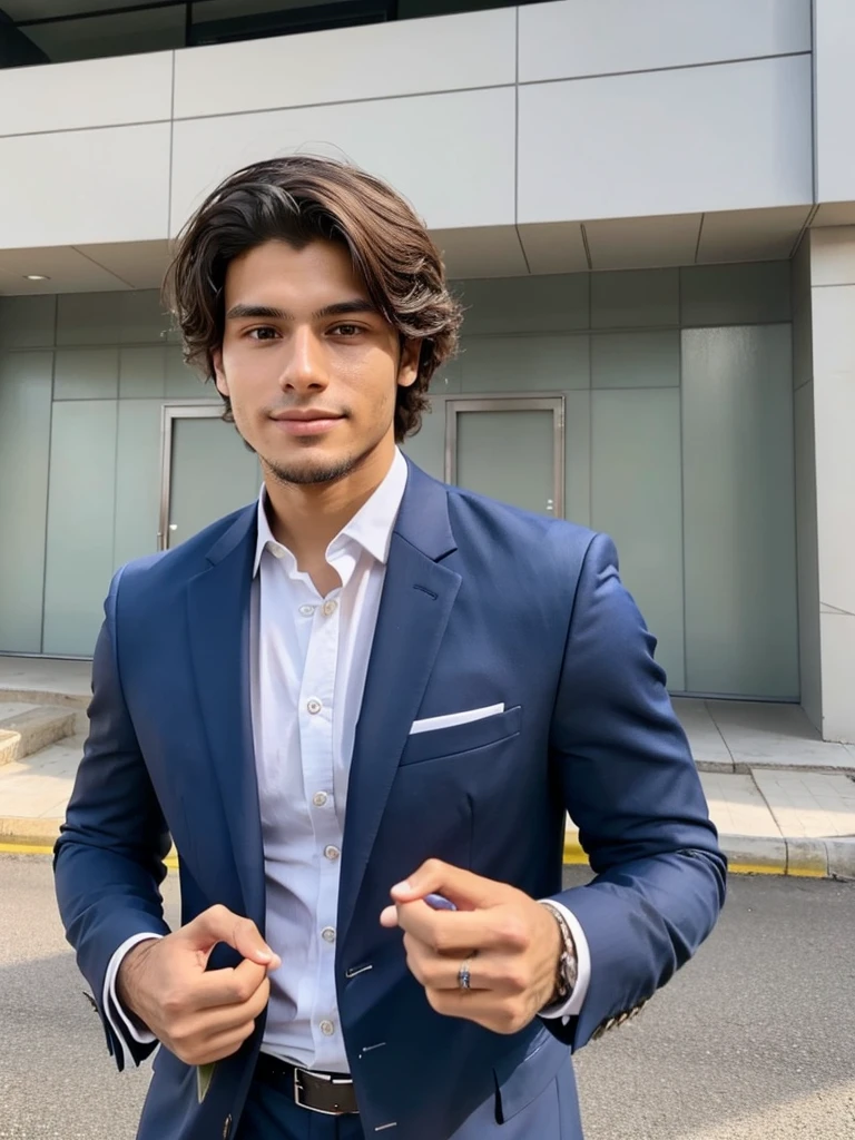 22-year-old Brazilian man in a suit with his hand in his pocket, short hair without beard with a ring on the right finger, no quarto selfie 🤳🏽 realista, and great quality