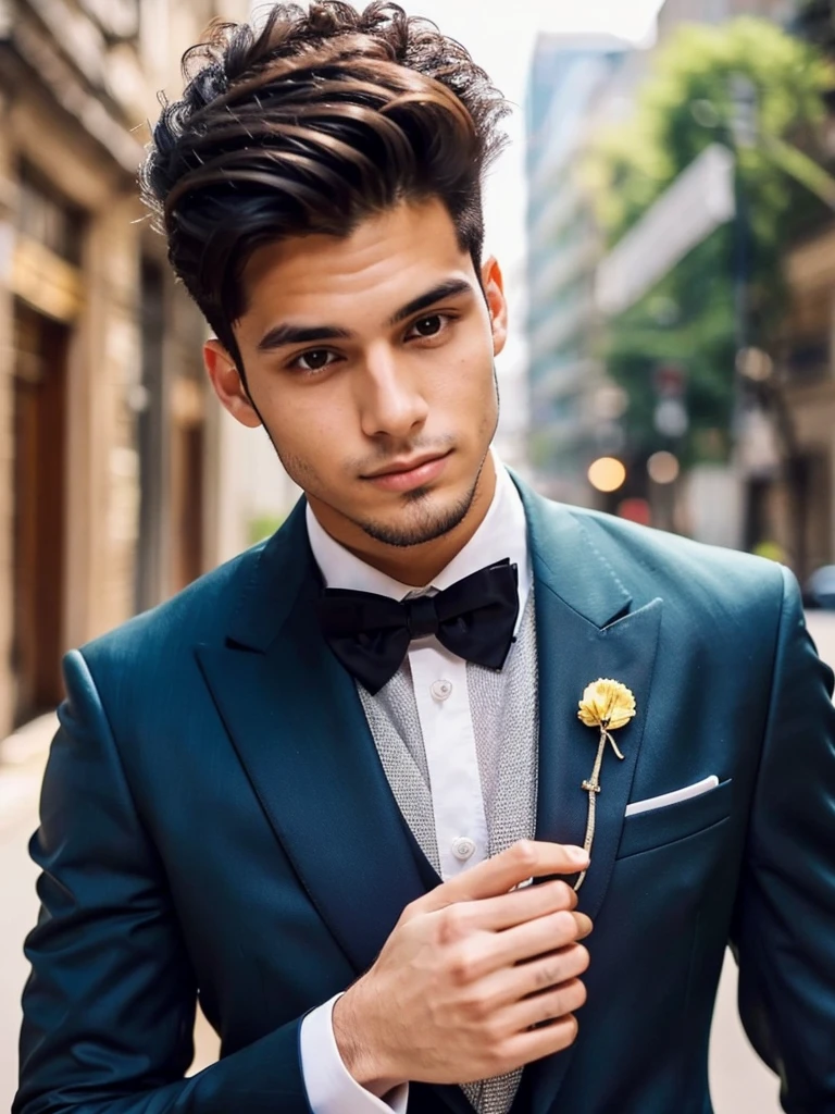 22-year-old Brazilian man in a suit with his hand in his pocket, short hair without beard with a ring on the right finger, no quarto selfie 🤳🏽 realista, and great quality  