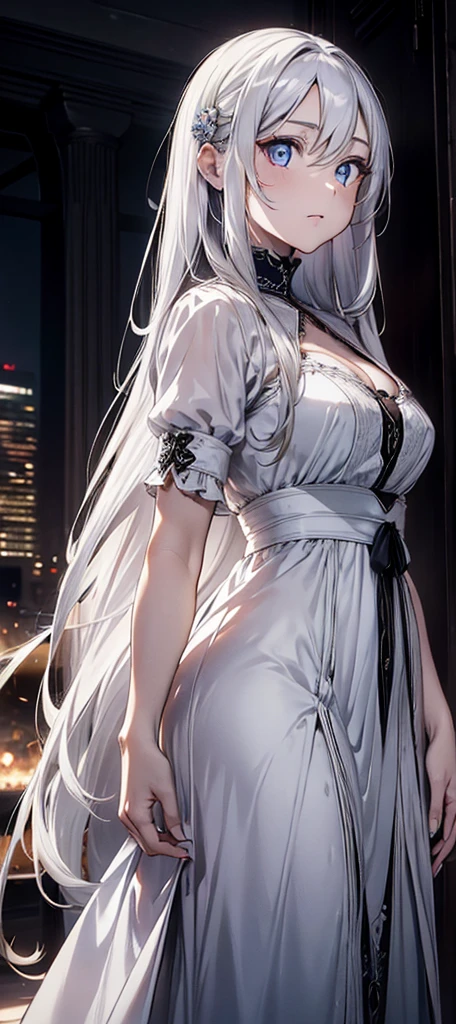 A beautiful woman with long white hair, sexy dress, detailed facial features, high quality, photorealistic, cinematic lighting, dramatic colors,
