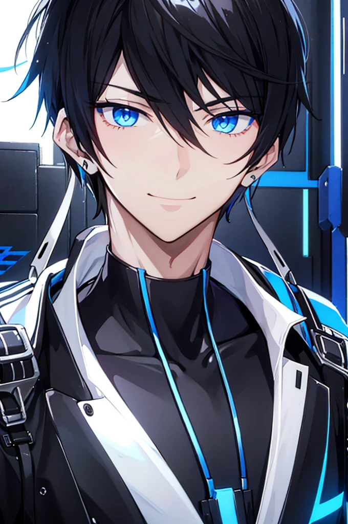 portrait, male, beauty, black hair, blue eyes, cyberpunk, black shirt, white coat, genius, smile, No ear decoration