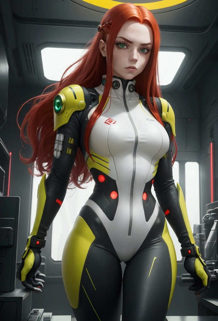 a serious and determined girl with long red hair, green eyes, and freckles, wearing a tight-fitting futuristic suit with red, yellow, and silver accents, in a futuristic laboratory, cyberpunk style, ReV Animated, warm colors with a cold color palette, cinematic look, highly detailed, masterpiece, best quality, ultra highres, perfect lighting, shot from a low angle