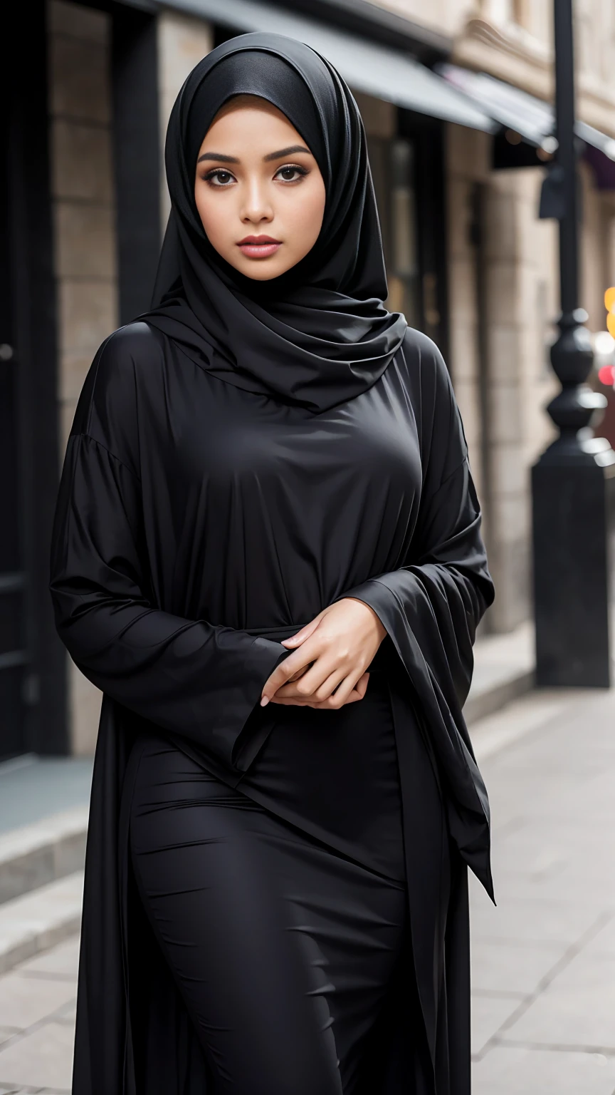 (close up),raw, Best quality, High accuracy, Masterpiece: 1.3), beautiful Malay woman in Hijab,Masterpiece, The perfect slim body,small breasts, Big gorgeous eyes, Soft smile,Beautiful Face,Thick thighs, A woman wearing a black dress and hat stands on the sidewalk, Wear simple, tight clothes, Thin waist and thick hips, Captivating and enticing, Women's Full Body, Hijab, Interesting outfit, Black outfit, Attractive and beautiful, Beautiful and graceful, With beautiful aliens, Wrapped in a black scarf, With black, He wears long clothes fluently, very Attractive and beautiful, Excellent lighting, bright colors, Clean lines