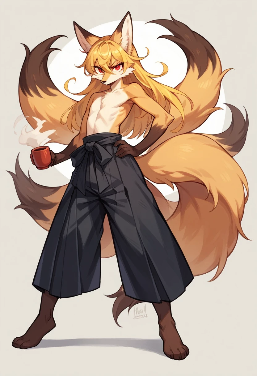 (full body,The left hand is on the hip),(( fighting stance)),flat chest,Fox woman, Furry, Golden fur, Golden facial fur, long golden hair, The hair on his hands is golden, Golden yellow hair on the back of the hand, Light-filled eyes, Red eyes, Brown elements of fur,Black Hakama,Very fine fur, Fluffy tail,Nine tails A cup