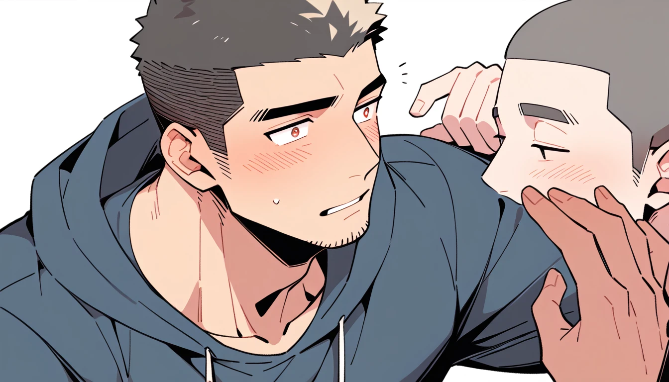 anime characters:Priapus and Dark-skinned muscular athlete, They hugged each other, kiss, Buzz Cut, Manliness, male focus, Sports tight hooded sweatshirt, Very tight, full and perky chest muscles, muscular male, muscular, only, Upper body, alone, Red short hair, Thick eyebrows, stubble, Brown-red pupils, White background, simple background, amazing quality, best aesthetics, Ridiculous, crew cut, parted lips, flustered, endured face, shy, blush, negative space, negative space, best quality