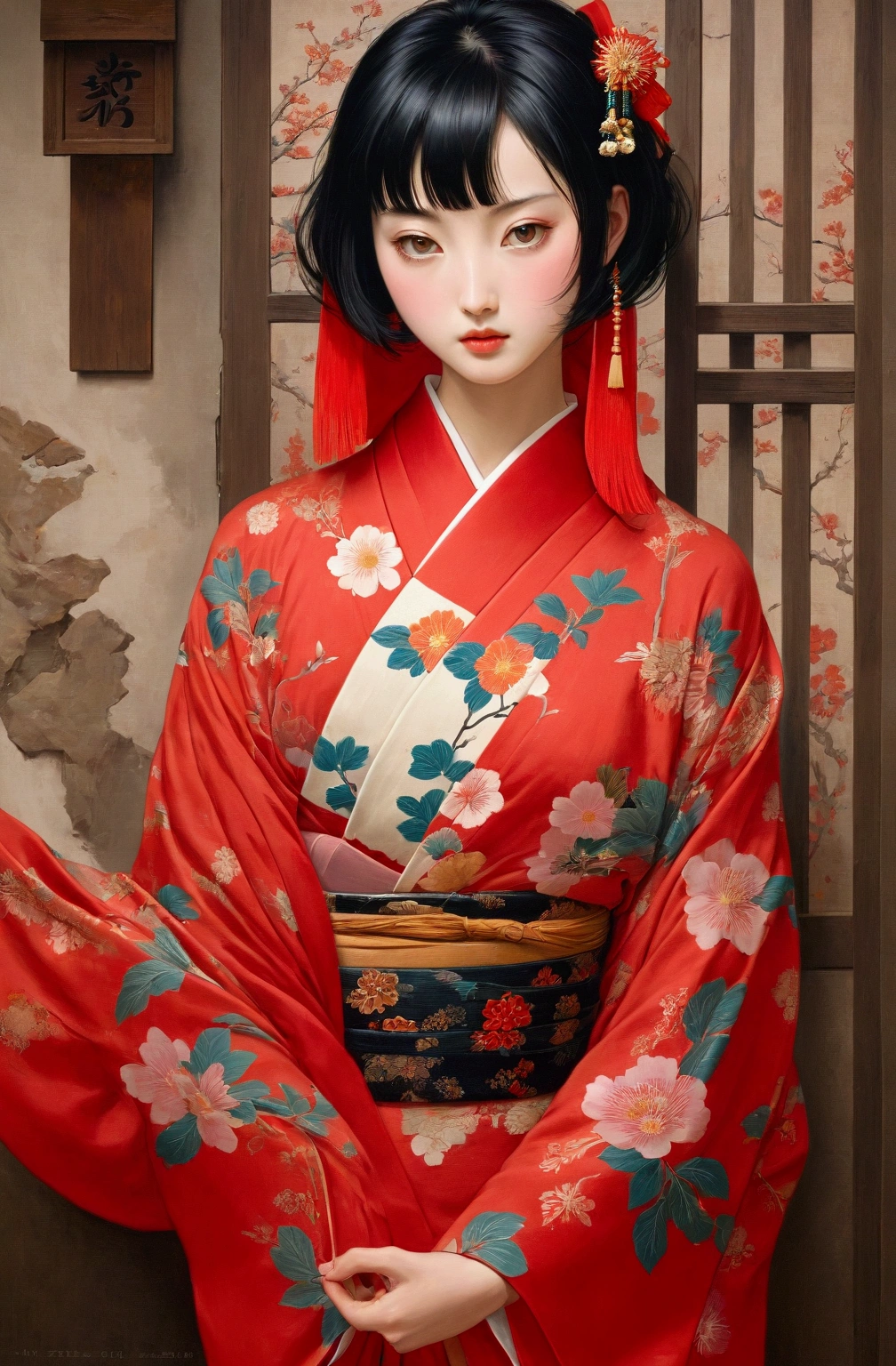 Red tint, Avant-garde, Murder Mystery, The world of Kyusaku Yumeno, picaresque, Taisho Romance, In the Imperial City of Tokyo, A fantastic atmosphere, Fashion model Sayoko Yamaguchi, 1人のBeautiful bob cutの女性が立っている, mysterious beautiful woman, Beautiful bob cut, Very sharp beauty, A woman from a distinguished family in the 1920s, pretty much beautiful face, Sharp eyes with slit length, Very delicate and beautiful eyes, Captivating woman, Very stylish woman, Elegant and noble beauty, Beautiful and stylish red kimono, A woman who looks about 27 years old, Five fingered hand, Gorgeous and luxurious, Chen Yifei, Female painting, Vivid and colorful paintings, Glamorous and luxurious, eiko ishioka, yuuki hagure, Ishida Sui with black hair, takeyuki kanda, inspired by Miwa Komatsu, Kazami Yuuka, Yoshitomo Nara, Yaoi Kasuma, Akiko Takase, Kazue Kato, Paintings from Nakahara Nantenbo, tumbler, What is it?, kimi takemura, For whom??, Yoshitomo Nara, chiho ashima, Aoi Ogata, kiyoko suzuki, Ishida Sui with black hair, Chen Yifeiに影響を与えた作品, Works that influenced Francesco Hayes, Inspired by Hendrik Terbruggen, Jean=Works that influenced Auguste Dominique Ingres, Works that influenced Liu Jun, Jean=Works that influenced Auguste Dominique Ingres, artwork in the style of Switzerland, by ヤン・J, Switzerland, Beautiful Art UHD 4K, Detailed painting 4k, Beautiful digital art, Beautiful artwork illustration, Switzerland masterpiece, By Chen Yanjun, Lee Song, Highest quality, The perfect angle, Perfect composition, Best Shot, Official Art, Cinematic Light, Figurative art, Beautiful and expressive paintings, Beautiful artwork illustration, wonderful, Cool Beauty, clear, Muromachi Fantasy, mysterious, Highest quality, Official Art, Extremely delicate and detailed painting style, Beautiful and subtle effects, Elegant and beautiful painting art, The pinnacle of painting beauty, Perfect light, Perfect composition, The perfect angle, Perfect subject, Best Shot, Female Solo, Sharp contours, Face close-up