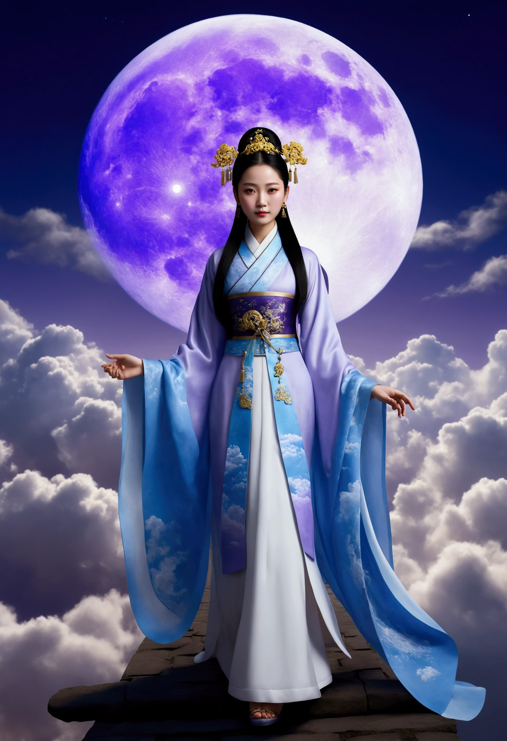Masterpiece, highest quality, Chinese style sky, clouds form a giant transparent and shining white goddess, thick clouds, moon shining, pilgrim's path, ultra-realistic, ultra-photorealism, lavender, 8K, high resolution, super high quality. No people.