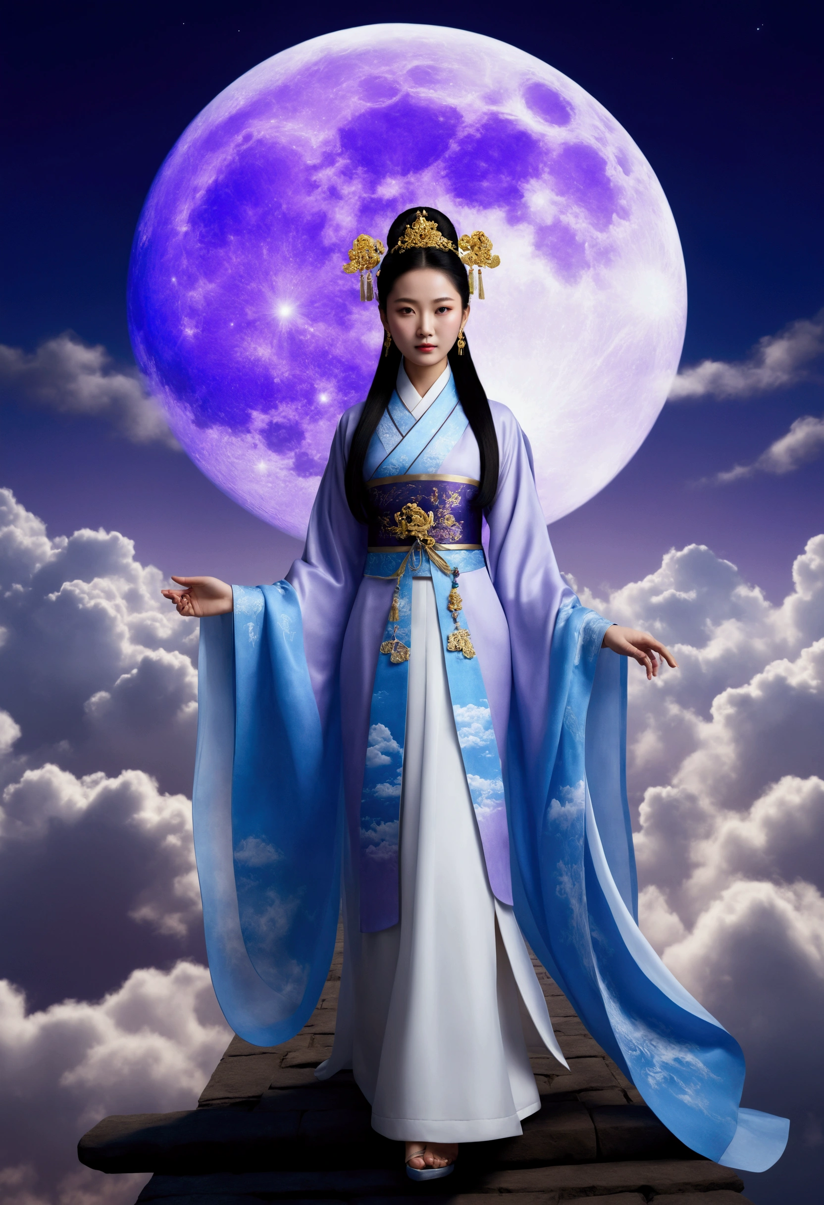 Masterpiece, highest quality, Chinese style sky, clouds form a giant transparent and shining white goddess, thick clouds, moon shining, pilgrim's path, ultra-realistic, ultra-photorealism, lavender, 8K, high resolution, super high quality. No people.