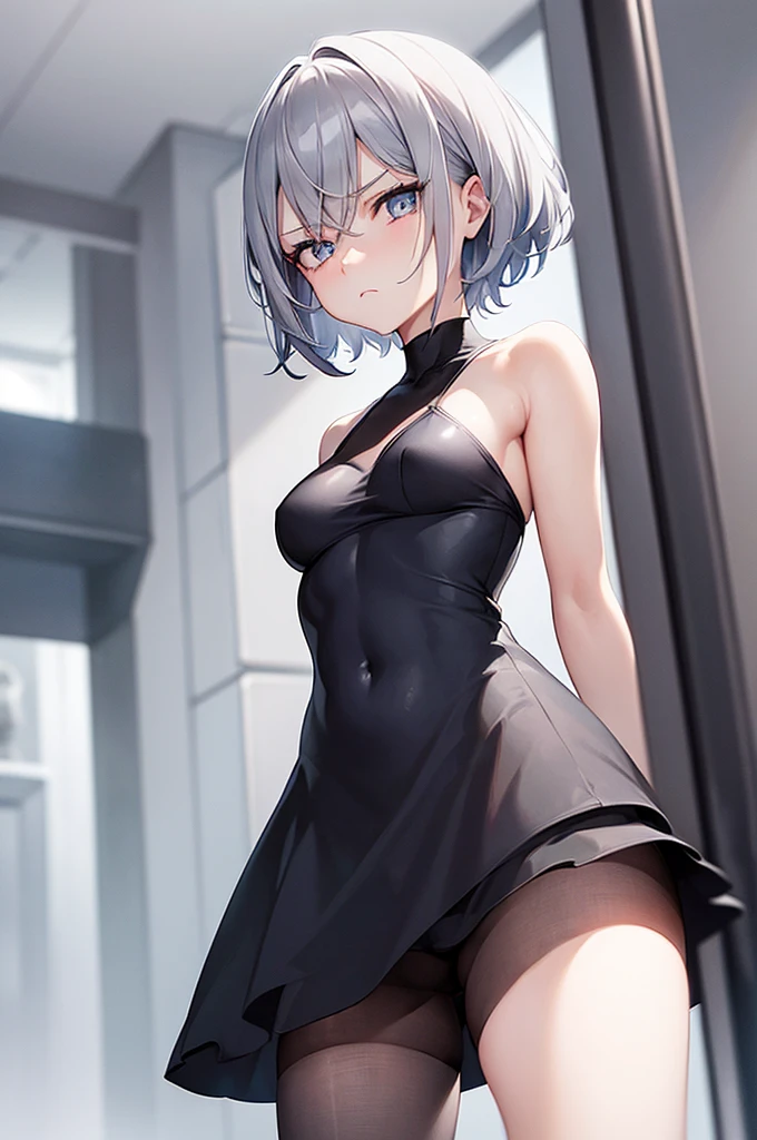 Beautiful gray hair、Short Hair、Beautiful Blue Eyes、Tube top、Cameltoe、black tights、Small breasts、Black Dress、Dark look、Sad face、Condescending expression、A low angle view of what&#39;s under her skirt、The nipples are erect、Protrusion at the top of the chest