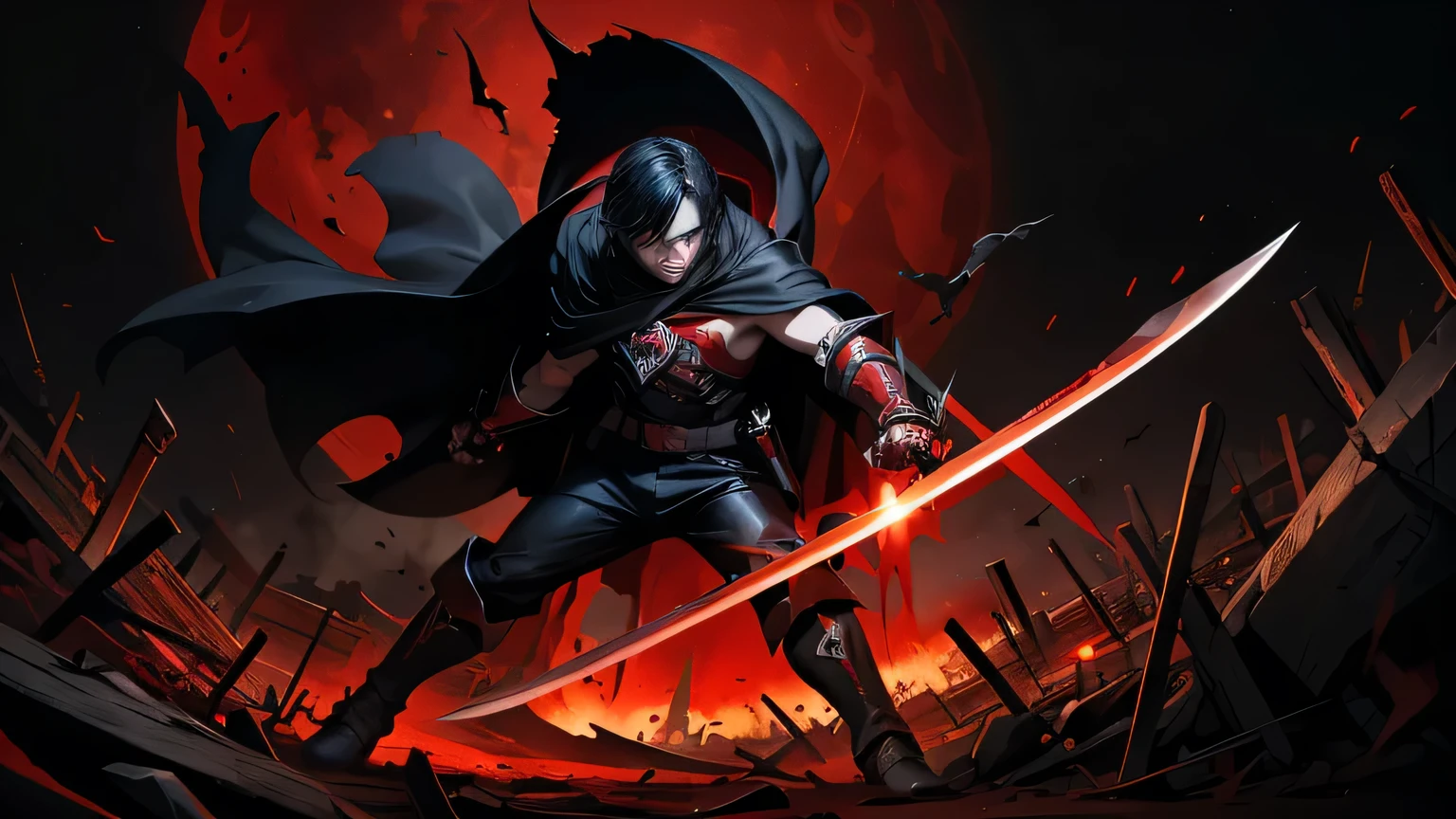 The boy is filled with murderous intent，There are piles of corpses under my feet，Red pupils and black eyes，Holding a bloody sword，Wearing a red cape，The dark night hangs a terrifying red moon，Anime style