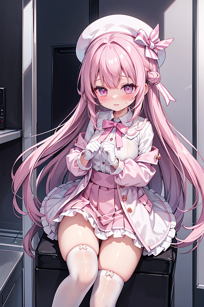 Highest quality、Elevator Girl、Shiny pink silk jacket、White blouse with ribbon、Micro Mini Skirt、A small round hat with a ribbon、Skinny、White gloves、White over-the-knee socks、Flushed Cheeks、Embarrassed look、Big Breasts、Pull the skirt down with your hands