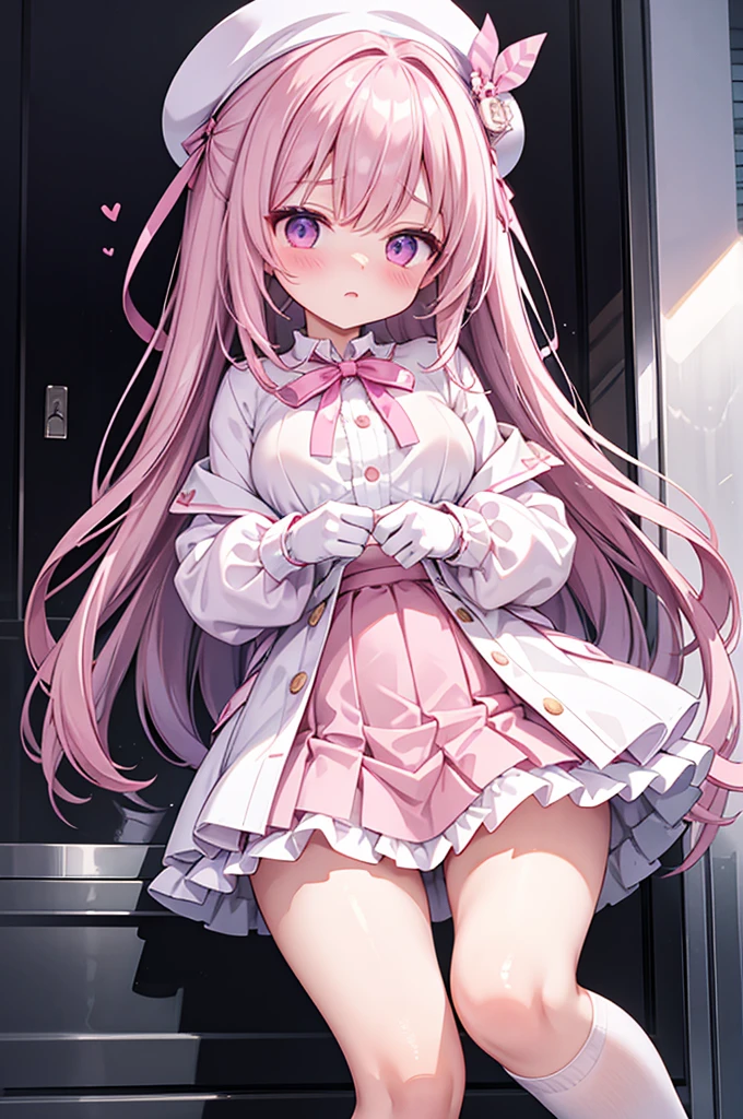 Highest quality、Elevator Girl、Shiny pink silk jacket、White blouse with ribbon、Micro Mini Skirt、A small round hat with a ribbon、Skinny、White gloves、White over-the-knee socks、Flushed Cheeks、Embarrassed look、Big Breasts、Pull the skirt down with your hands