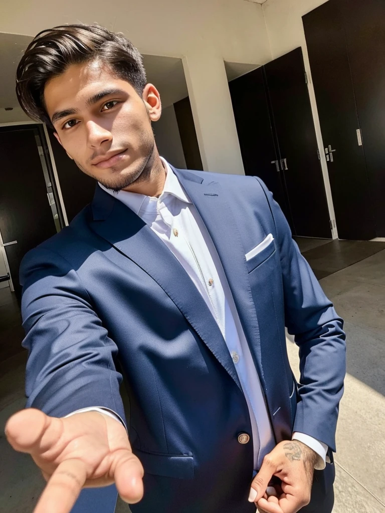 22-year-old Brazilian man in a suit with his hand in his pocket, short hair without beard with a ring on the right finger, no quarto selfie 🤳🏽 realista, and great quality  