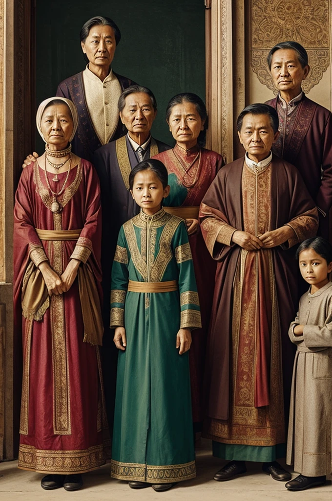 Illustration on the theme of gender and culture. Several generations of relatives stand behind each other 