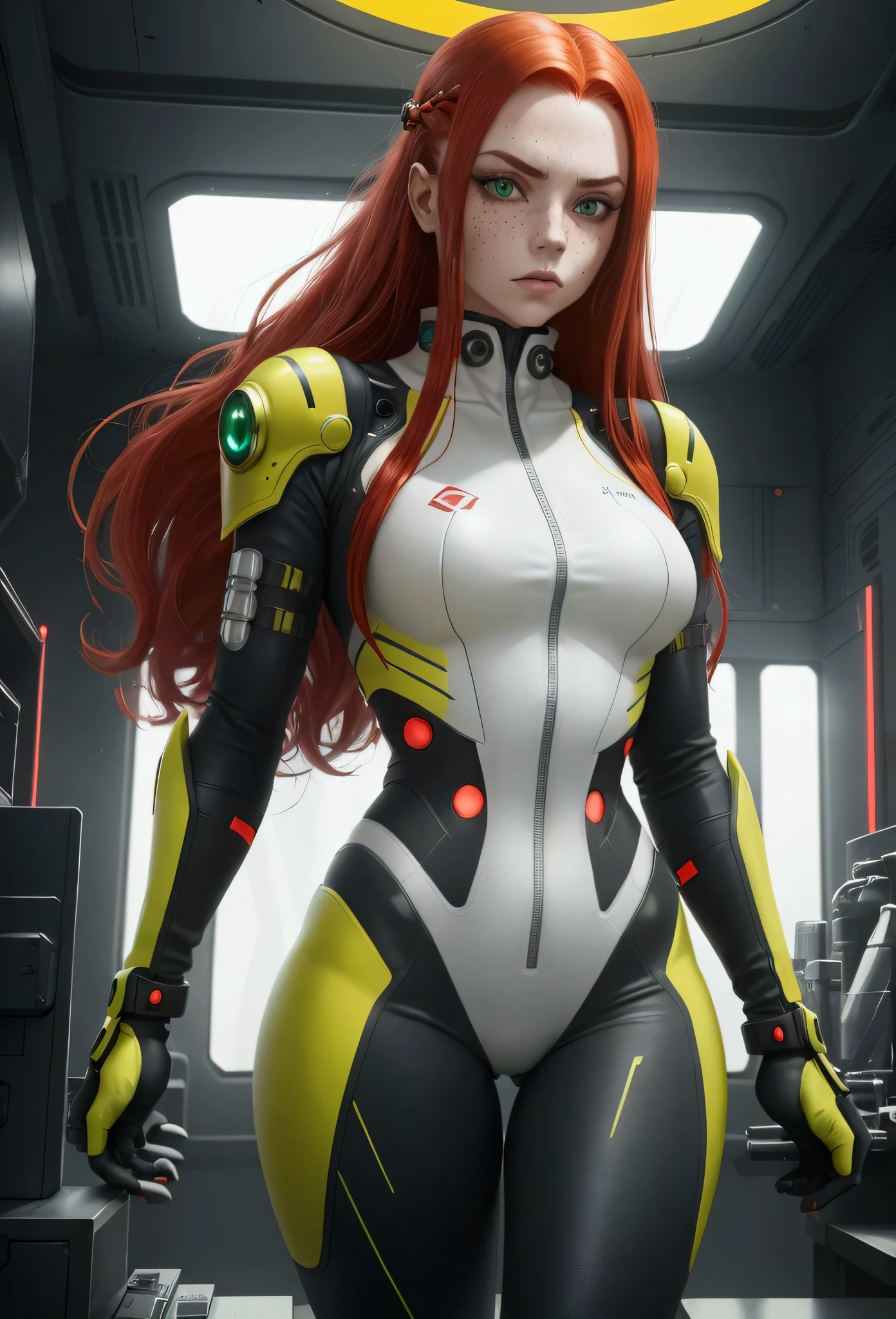 a serious and determined girl with long red hair, green eyes, and freckles, wearing a tight-fitting futuristic suit with red, yellow, and silver accents, in a futuristic laboratory, cyberpunk style, ReV Animated, warm colors with a cold color palette, cinematic look, highly detailed, masterpiece, best quality, ultra highres, perfect lighting, shot from a low angle