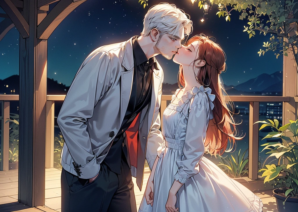 (Best Quality Detailed Image Beautiful Photorealistic Spectacular Night Image 8K 1:1) ((A girl kisses a man under a tree at starry night)), (digital art digital illustration) (camera focused on face) (cool colors dim lighting) Manhwa Art (red hair man) (very tall man ((redhead)) frío de 29 años muy elegant con estilo de espalda. Ropa elegant ((Brown jacket and shirt)), is standing stunned,  green eyes (surprised look rostro perfecto líneas perfectaa).elegant, surprised look, pale eyes, ((Male square face)), facial hair, Open eyes), is kissed by surprise by (a beautiful young woman with white hair, with white nightgown and black leather vest, for the rebel whites, closed eyes, she is shorter than him, soft and perfect lips, femininity and masculinity, ((romantic scene)), ((corresponding individual aspects)), ((just a man and a woman))).