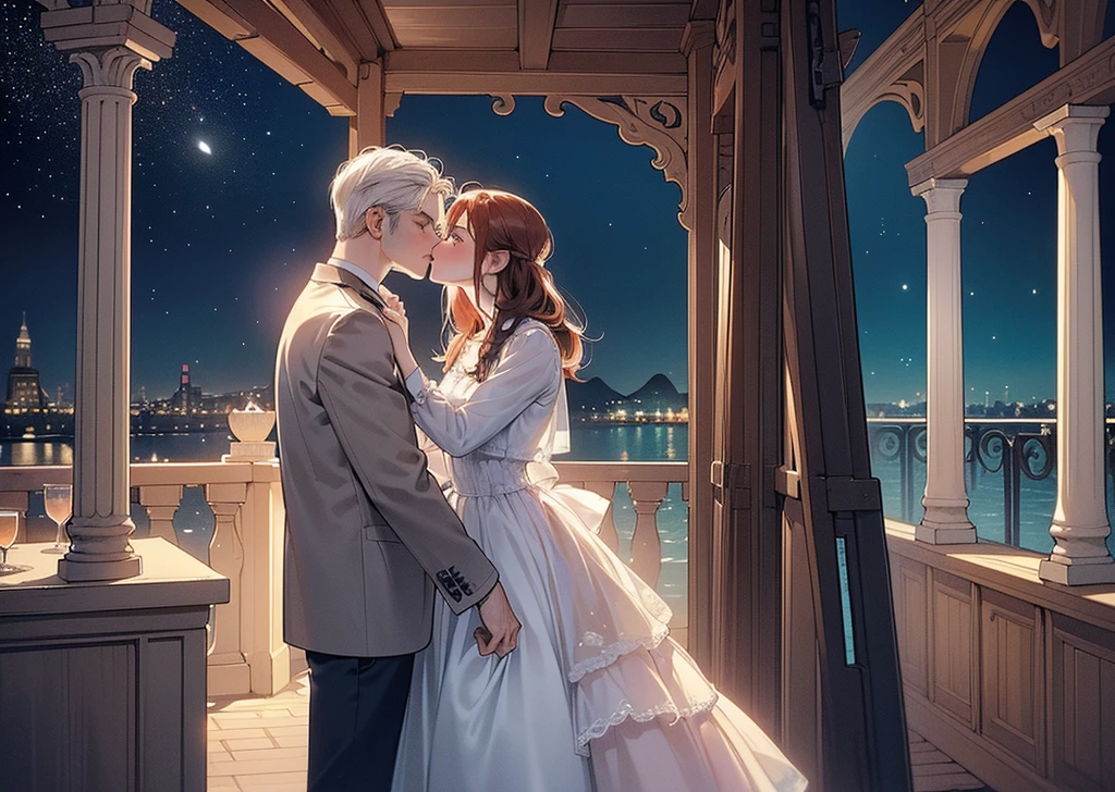 (Best Quality Detailed Image Beautiful Photorealistic Spectacular Night Image 8K 1:1) ((A girl kisses a man under a tree at starry night)), (digital art digital illustration) (camera focused on face) (cool colors dim lighting) Manhwa Art (red hair man) (very tall man ((redhead)) frío de 29 años muy elegant con estilo de espalda. Ropa elegant ((Brown jacket and shirt)), is standing stunned,  green eyes (surprised look rostro perfecto líneas perfectaa).elegant, surprised look, pale eyes, ((Male square face)), facial hair, Open eyes), is kissed by surprise by (a beautiful young woman with white hair, with white nightgown and black leather vest, for the rebel whites, closed eyes, she is shorter than him, soft and perfect lips, femininity and masculinity, ((romantic scene)), ((corresponding individual aspects)), ((just a man and a woman))).