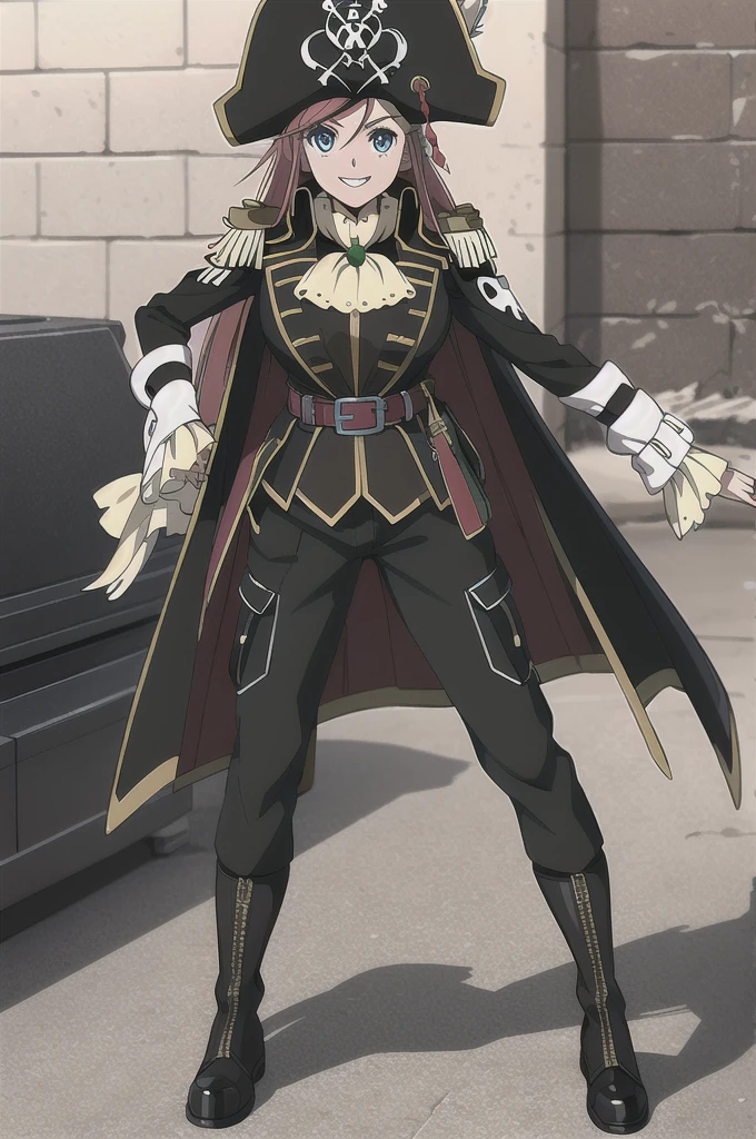 masterpiece, best quality, 1girl, detailed face and eyes, full body, big breasts, Katou Marika, (black pirate costume), belt, (black cargo pants), (black boots), (black pirate hat), smile