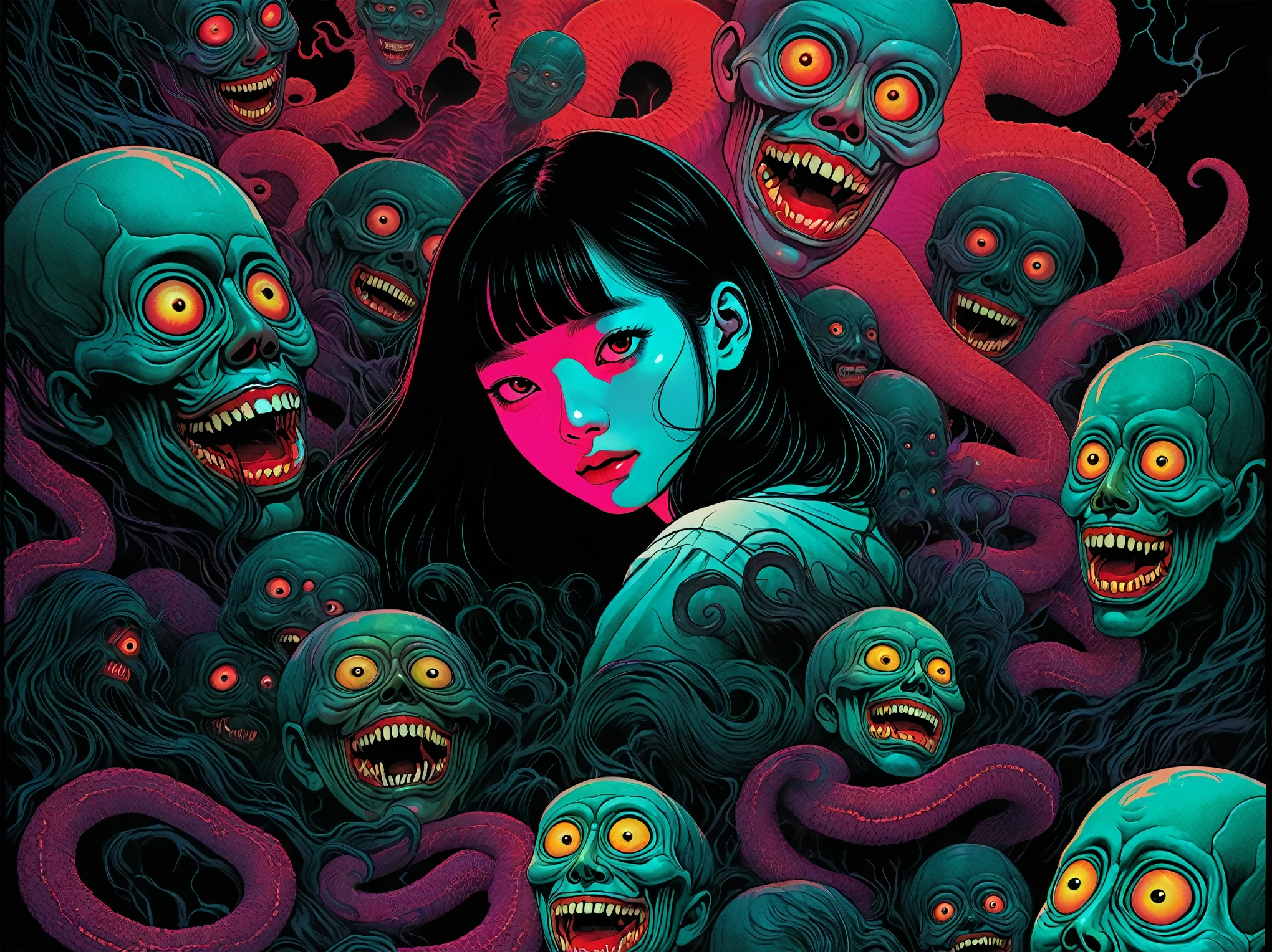 An illustration、art、80s Thai horror movie poster, Supervised by Junji Ito、Attention to detail, Realistic Shadows、Analog Style, chromatic aberration, Surrealism、Complementary Gradient