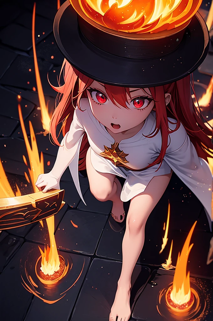 An outstanding painting of a beautiful white girl, flaming, surrounded by flames, dota2 fire girl style, ghost knife style, fire-like hair, long red hair, watery blue big eyes, thin waist, wide hips, mage robes, magic colors, World of Warcraft style, By Blizzard Entertainment, Ultra HD, 8K, real skin texture, best light, best shadow, Lina from dota2, action, wizarding world, overhead view, small mouth, Small nose, big eyes, cute