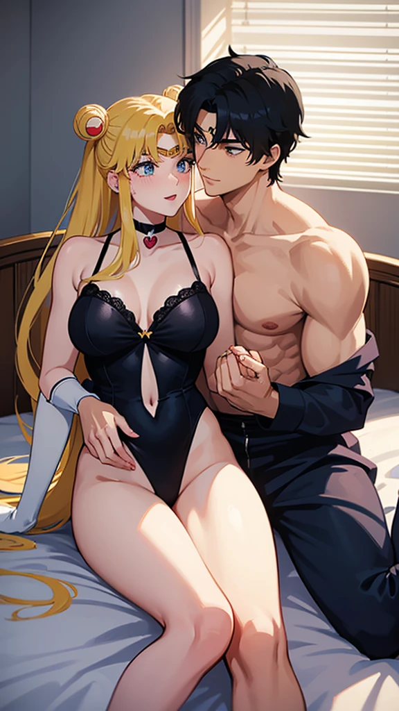Digital art a heterosexual couple from the anime Sailor Moon, A Man and a Woman, adult woman with blonde hair, blue eyes, two buns with long hair, heart-shaped face in black lingerie resembling Usagi Tsukino character from Sailor Moon sitting astride a strong adult man with short, slightly wavy black hair, blue eyes, confident smile, handsome, with a black boxer about to kiss her similar to Mamoru Chiba character from Sailor Moon on a bed with a room in the background, highly detailed masterpiece with sharp colors ,