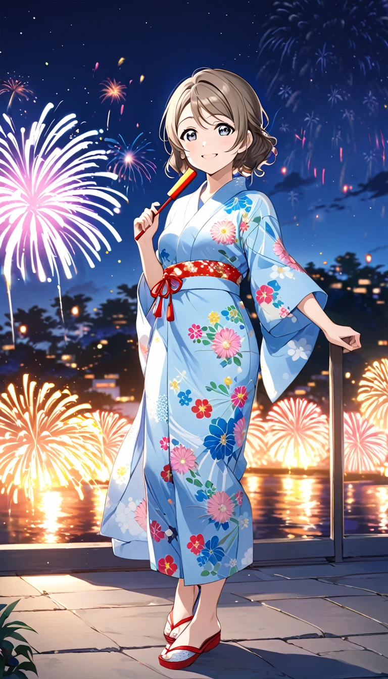 Illustrate You Watanabe from Love Live! Sunshine!!. She is wearing a light blue yukata with floral patterns, holding a fan in one hand. Her hair is styled up, and she's smiling while looking at distant fireworks. Show her full body,Highest quality, night