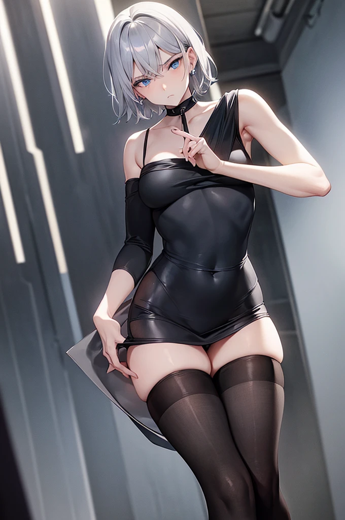 Beautiful gray hair、Short Hair、Beautiful Blue Eyes、Tube top、Cameltoe、black tights、Small breasts、Black Dress、Dark look、Sad face、Condescending expression、A low angle view of what&#39;s under her skirt、The nipples are erect、In heat、Flushed face