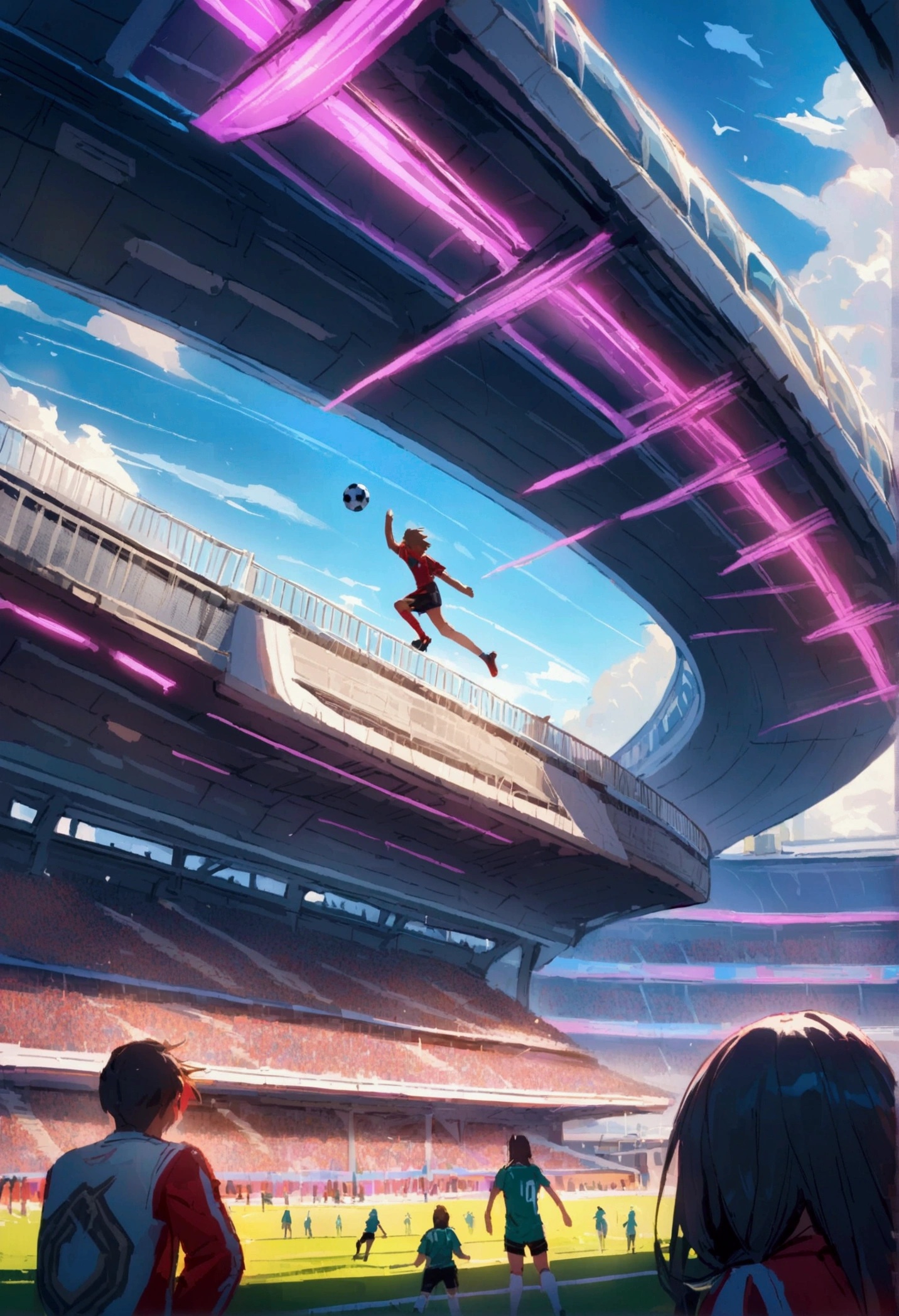 a futuristic soccer stadium full with cheering people in the distance, while in the pitch a soccer player rides a horse who is kicking a spinning soccer ball, in the background a train goes by. futuristc vibrant colors