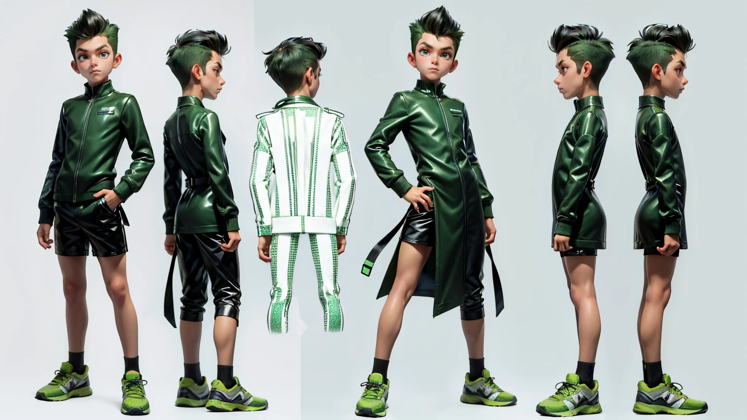 cute face boy, cute face, short height boy, wearing casual futuristic green color pent, green dress, full standing pose, Quiff  hairs, Quiff hairs style , sports shoes, Character Sheet, 12 yo student, Full body, Simple white background, front pose character reference sheet, Concept art, design sheet