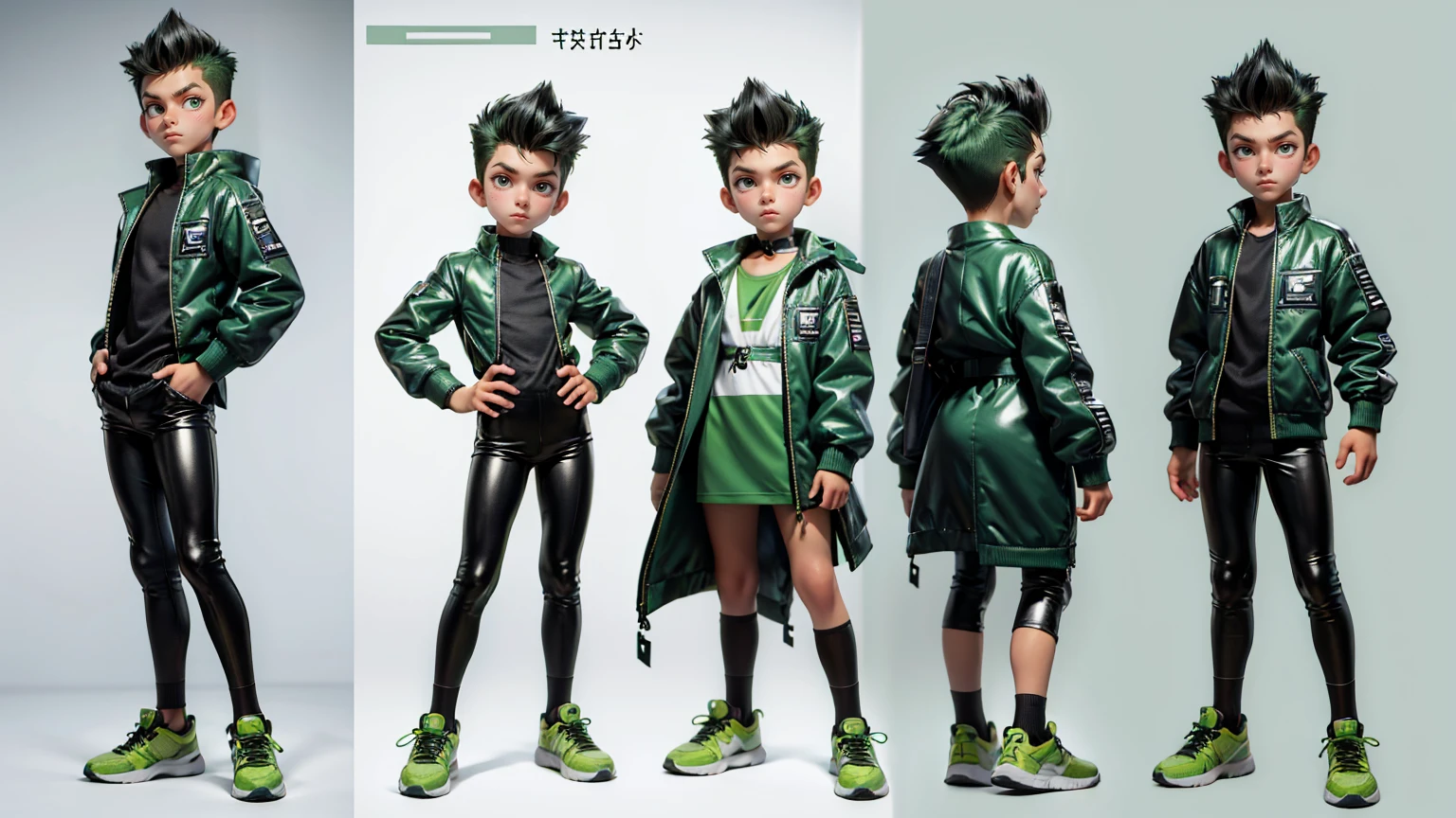 cute face boy, cute face, short height boy, wearing casual futuristic green color pent, green dress, full standing pose, Quiff  hairs, Quiff hairs style , sports shoes, Character Sheet, , Full body, Simple white background, front pose character reference sheet, Concept art, design sheet