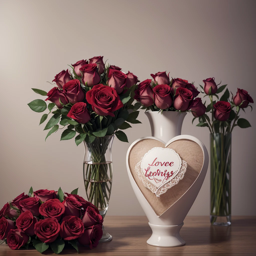 A beautiful bouquet of roses, standing in a vase, next to a postcard with a love day and a plush heart, red roses, gray background, without details, high detail, 3 d render. 