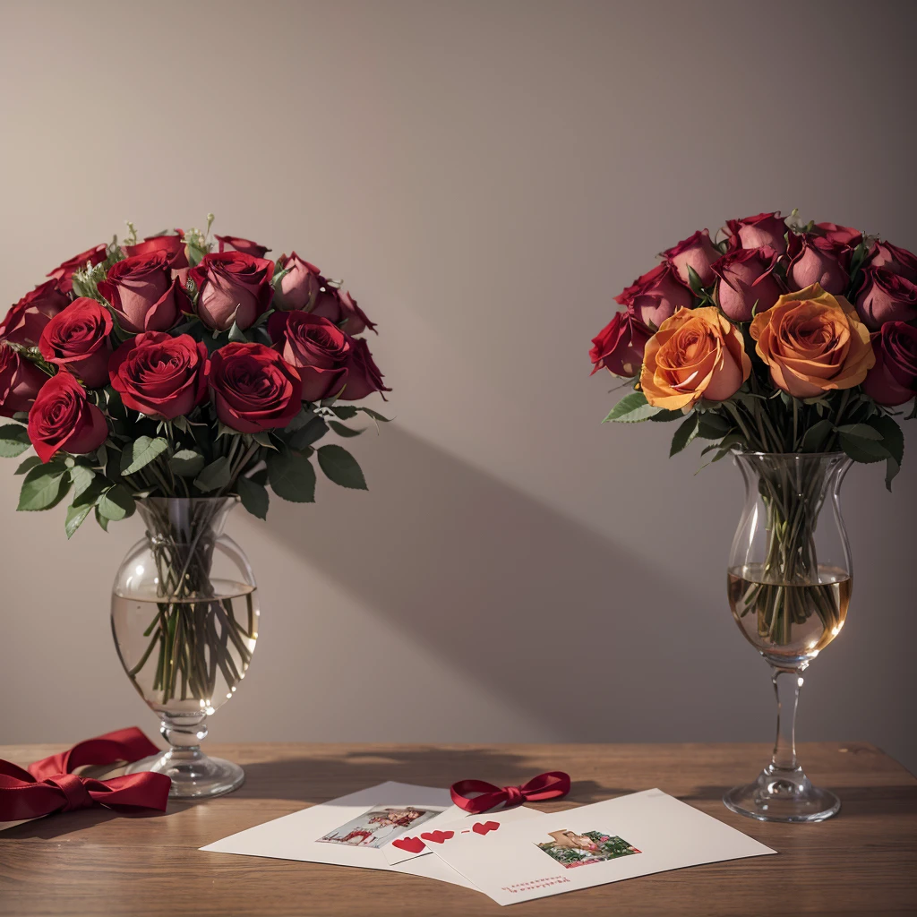 A beautiful bouquet of roses, standing in a vase, next to a postcard with a love day and a plush heart, red roses, gray background, without details, high detail, 3 d render.