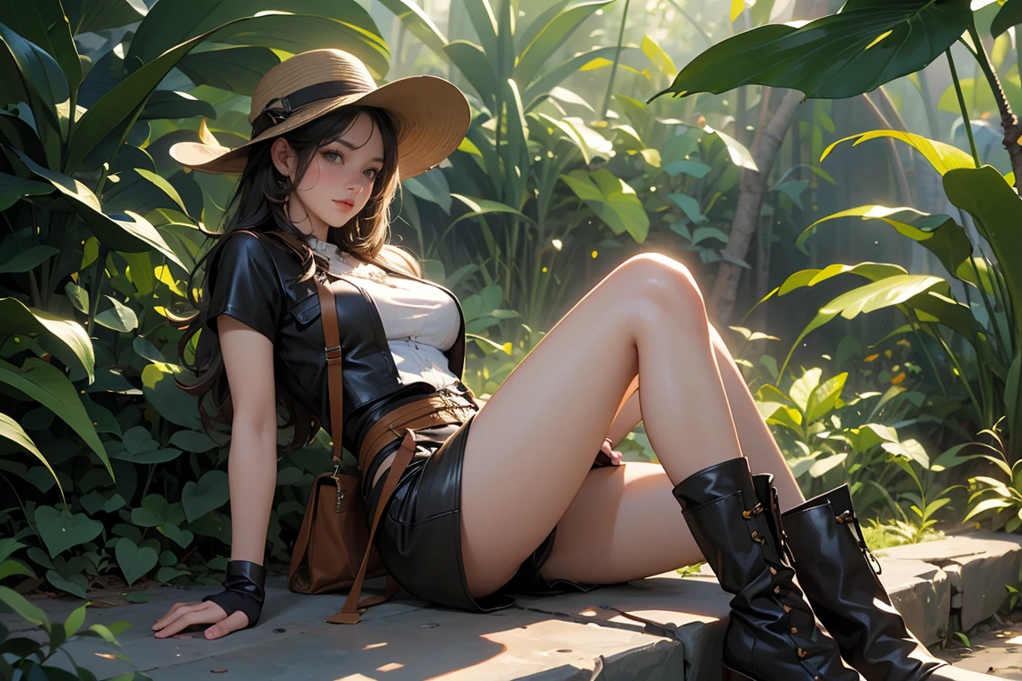 ((Masterpiece, top quality, high resolution)), ((highly detailed CG unified 8K wallpaper)), Jungle Adventure, Female explorer resting at the Mystic Fountain, wearing detailed explorer costume, wide-brimmed explorer hat, fingerless gloves, leather boots,