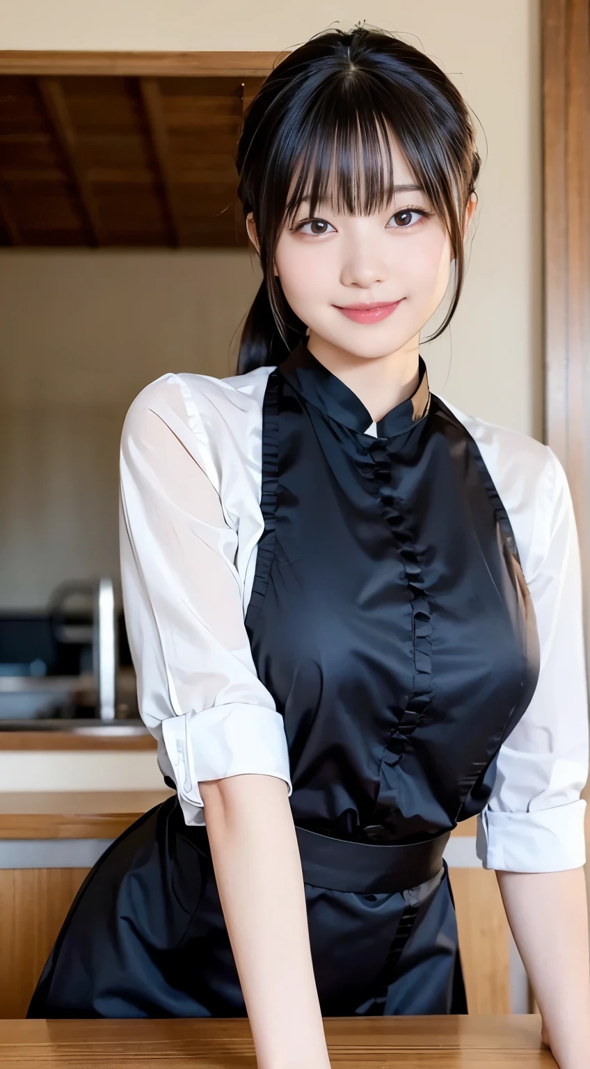 (Highest quality,masterpiece:1.3,Ultra-high resolution,),(Very detailed,Caustics),(Realistic:1.4,RAW shooting,)Ultra-Realistic Capture,Very detailed,High resolution 16k human skin closeup。 Natural skin texture、,pores、、、、It must be detailed enough to be easily identifiable。 Skin tone is even and healthy looking。 Use natural light and colour,restaurant,Waitress Uniform,1 girl,Japanese,18-year-old,cute,Black-haired,ponytail,Big Breasts,smile,Turn your body forward,(Front view:1.1),Looking into the camera,Cowboy Shot,