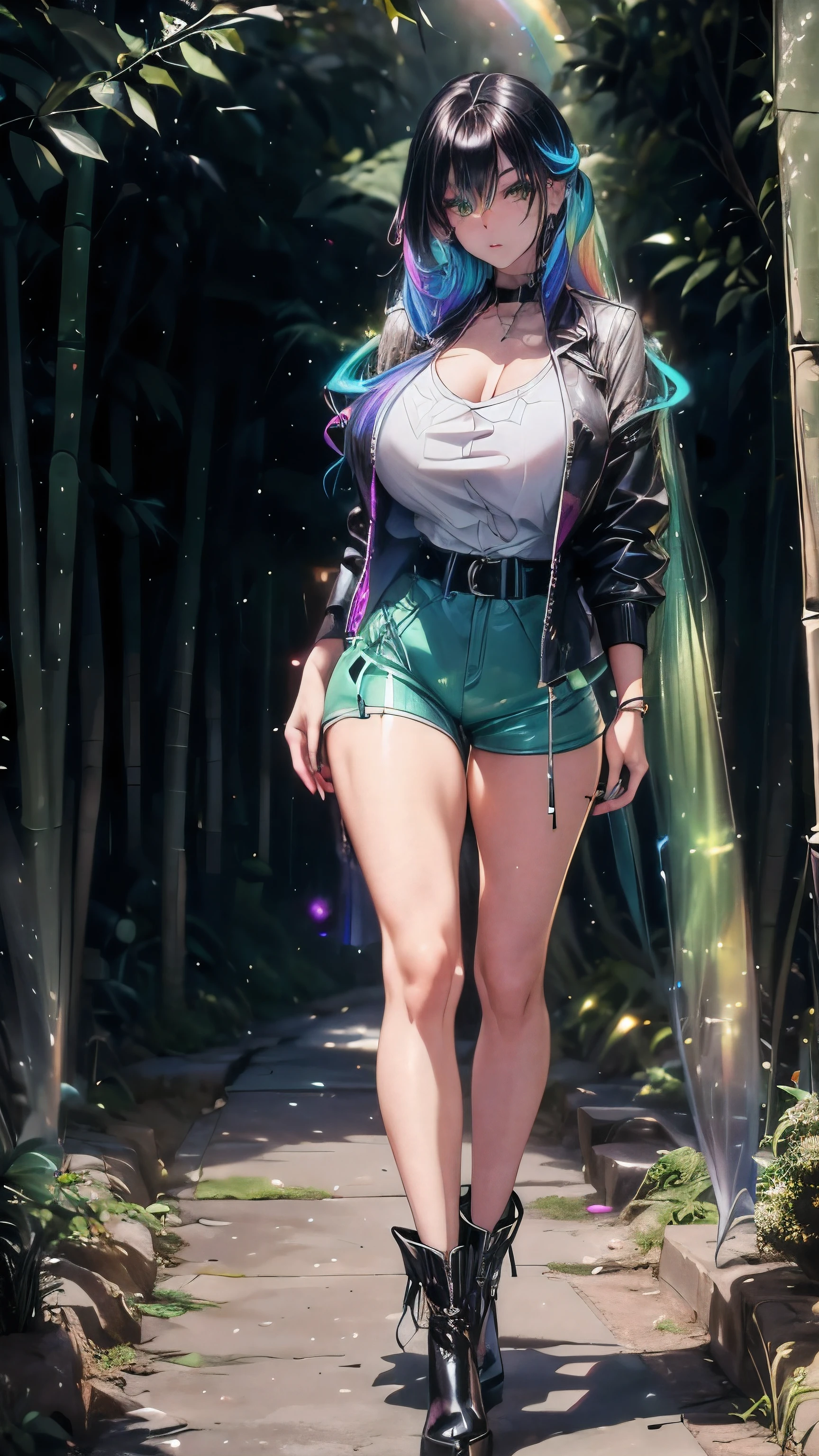 Sagano Bamboo Forest, girl, tall, hyperbreasts, exaggerated hourglass bodyshape, ((Hair Color: Iridescent rainbow with deep black and platinum streaks)),
((Eye Color: Multicolored with glowing hints of emerald and icy blue)). (Flowing, green asymmetrical tunic), (Tailored earth-brown high-waisted shorts), (Lightweight, cropped jacket, black with green hint), (Stylish low-heel black ankle boots), braided leather belt.