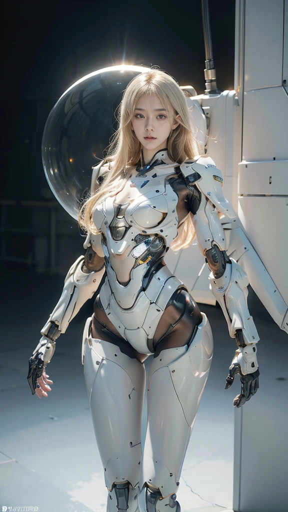 best quality, 1080P, Masterpiece, Whole body photo, Ultra high resolution, photorealistic photo, ultra realism, Realistic skin texture, Light blonde hair, Extreme skin detail, dslr, Detailed eyes, Facing the camera, very beautiful face, Concise facial structure, Pale skin, Realistic skin texture, Extreme skin detail, oc render reflection textures, Realistic light and shadow, Single picture, alone, The body is slim and balanced., Age 20, Height 170, naked girl, NUDE, no underwear, A girl with the body of a mechanical robot., Transparent futuristic black glass mech armor suit, The mechanical cervix is attached to the neck., flat stomach, Woman with perfect mechanical arms and legs, full body view, Whole body photo,