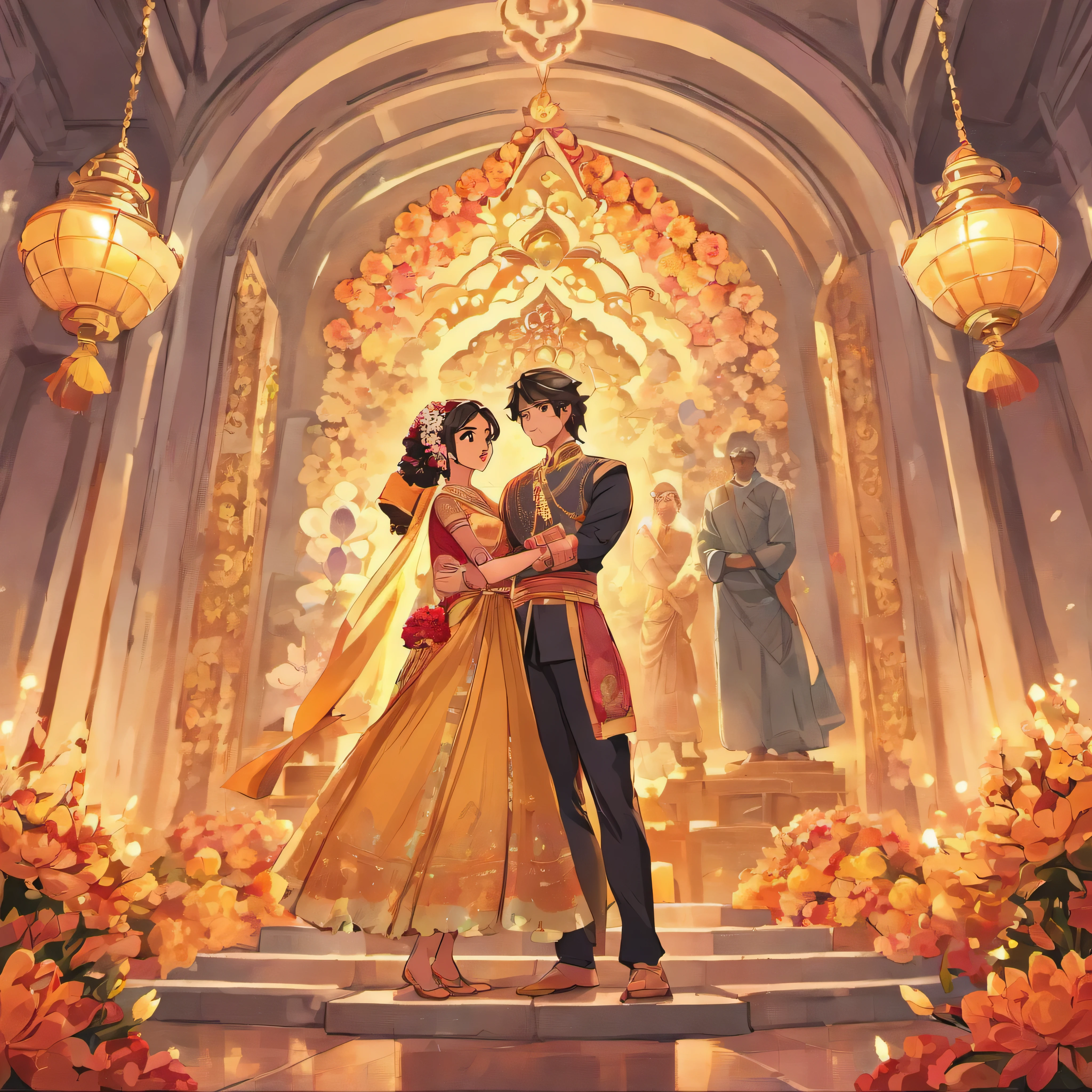 South indian married couple in traditional tamil hindu wedding attire in front of a hindu temple, flower garlands on each of them