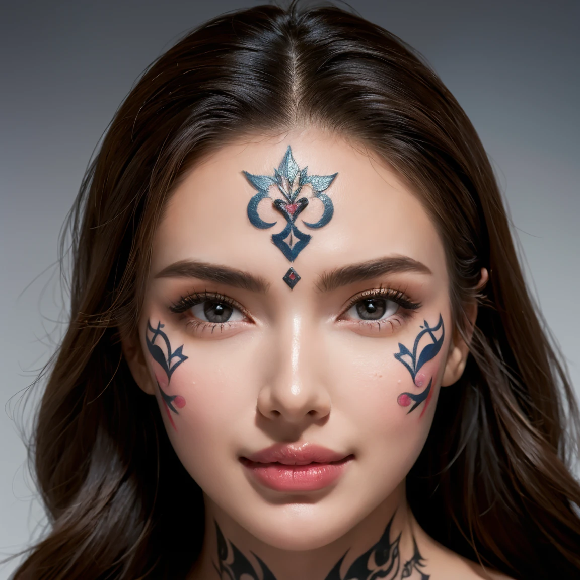 (masterpiece, highest quality), ultra detailed, high resolution, 16k, the most beautiful face in the world, highly detailed beautiful face and eyes, shiny skin, fine cloth texture, perfect anatomy, BREAK, (the incarnation of beauty:1.3), (goddess of beauty:1.3), (gorgeous and stunning princess:1.3), perfect make-up, deeply in love, best smile, full of elegance. (face tattoo:1.3)
