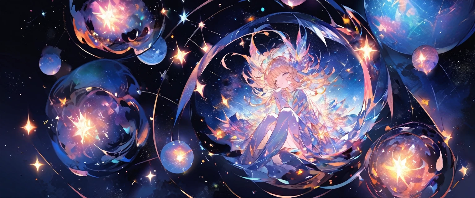 The crystal girl curled up in the center of the picture，Surrounded by space and stardust