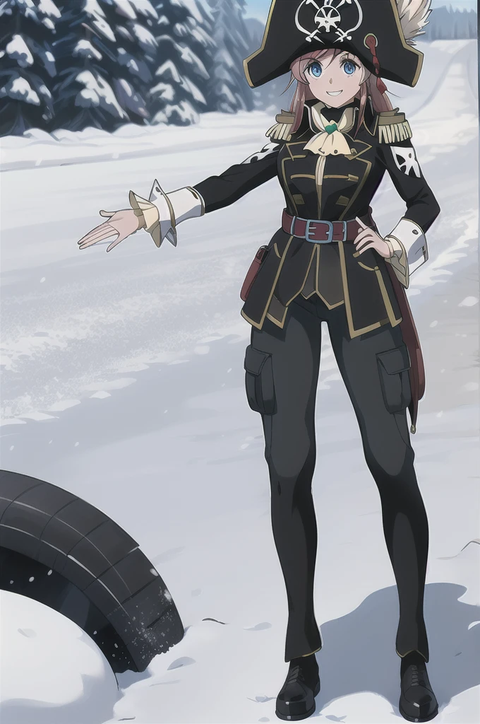 masterpiece, best quality, 1girl, detailed face and eyes, full body, big breasts, Katou Marika, (black pirate costume), belt, (black cargo pants), (black boots), (black pirate hat), smile, (sunny weather), snow