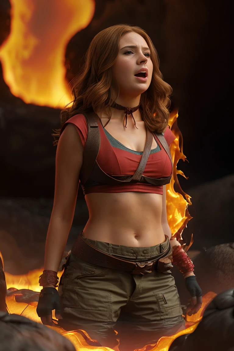 ((full-length photo, sinking in lava)  real, photoshoot, realistic, perspective, atmospheric scene, masterpiece, best quality, (detailed face, detail skin texture, ultra-detailed body:1.1),cinematic light,
1girl, portrait photo of k4r3njm4nj1-smf , solo, blonde hair, realistic, nature, upper body, long hair, breasts, outdoors, day, brown hair, choker. She is sinking in lava, half of her body cover by glowing red lava, she screams as much as she can, desperate